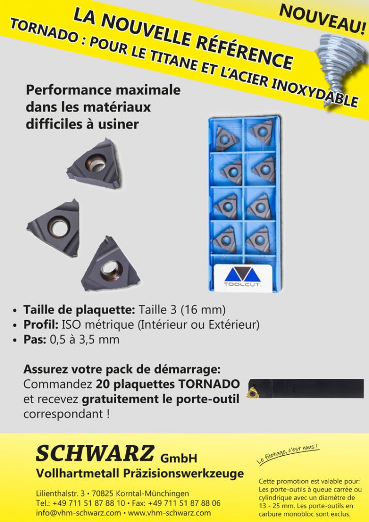 Flyer pour les outils de filetage Tornado destinés à l’usinage de filetage CNC.
